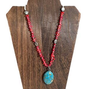 Handcrafted Red Coral Necklace Faux Turquoise Pendant Southwest & Silver Accents